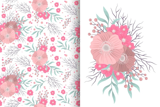 Ramo de flores con patrones sin fisuras. Conjunto de fondo floral