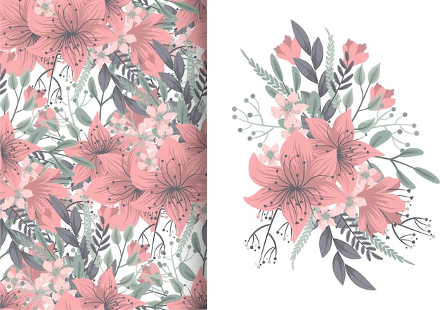 Ramo de flores con patrones sin fisuras. Conjunto de fondo floral