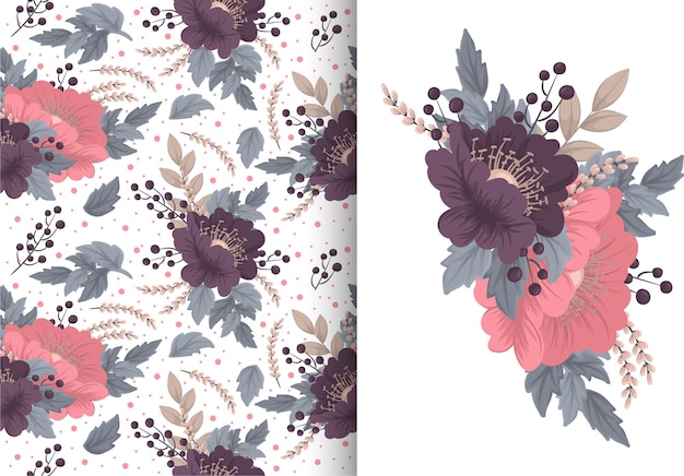 Ramo de flores con patrones sin fisuras. Conjunto de fondo floral