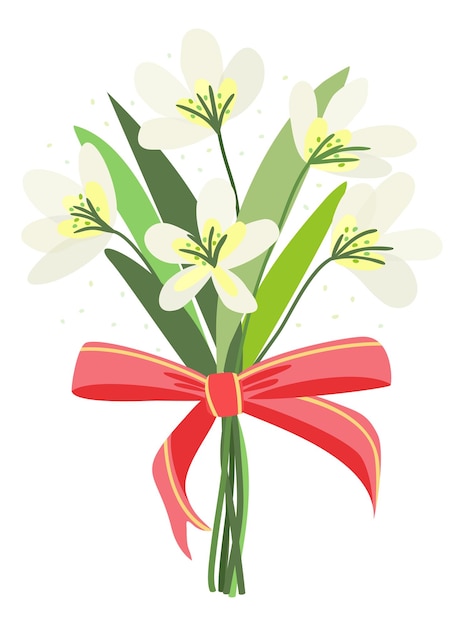 Ramo de flores de primavera decorado con un arco rojo Ilustración aislada vectorial