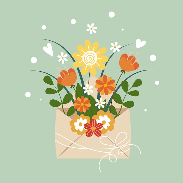 Ramo de flores de primavera dentro del sobre Cartel de la tarjeta de felicitación Feliz cumpleaños Día de la madre