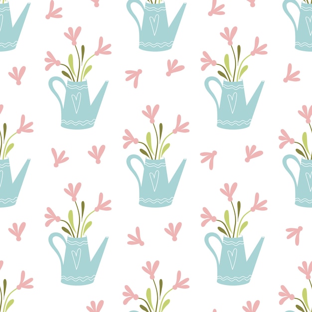 Ramo de flores de primavera rosa en jarra azul claro Dibujado a mano lindo jardín floral de patrones sin fisuras Ilustración con concepto de jardinería banner de botánica Diseño de la naturaleza Fondo imprimible de tela vectorial