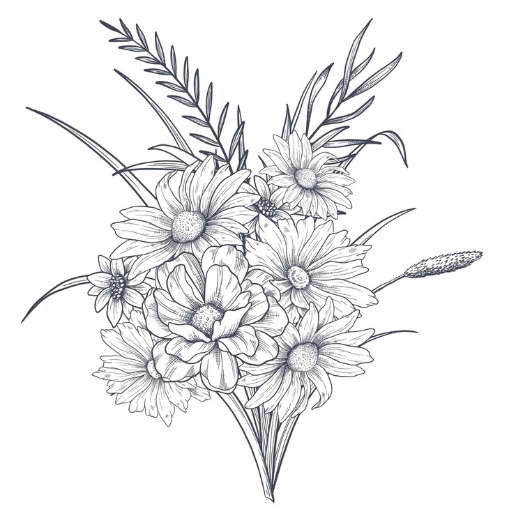 Vector un ramo de flores de primavera temprana estilo botánico de ilustración de grabado vector blanco y negro
