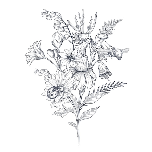 Un ramo de flores de primavera temprana Estilo botánico de ilustración de grabado Vector Blanco y negro