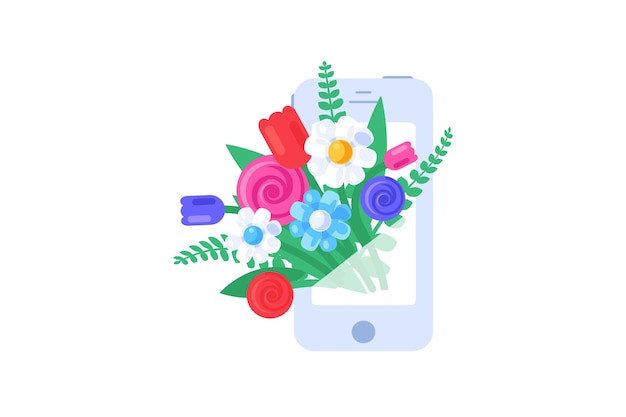 Un ramo de flores que sale de un teléfono en un estilo de dibujos animados sólido