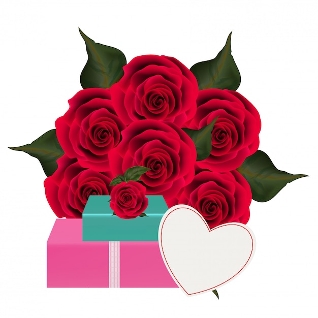 Ramo de flores rosas con cajas de regalo.