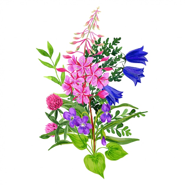 Ramo de flores silvestres, tonos rosas y azules, fireweed y bellflowers.