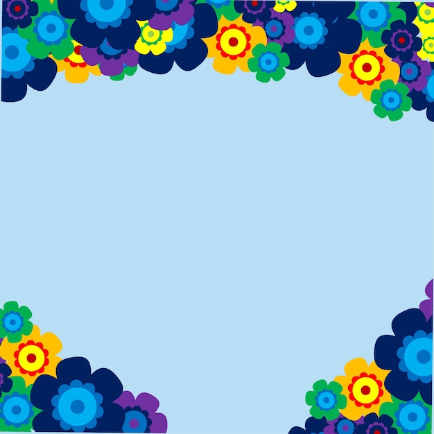 Vector ramo de flores simple de color sobre fondo azul marco con decoración