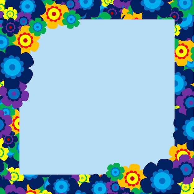 Vector ramo de flores simple de color sobre fondo azul marco con decoración