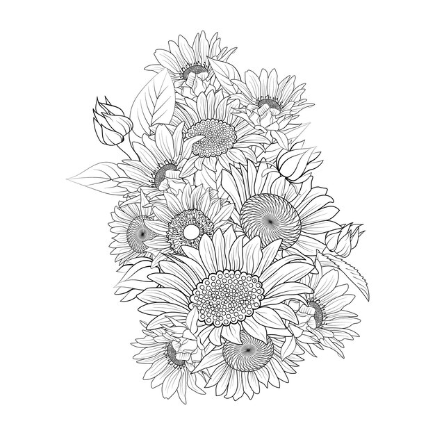 ramo de flores de sol tatuaje dibujado a mano ilustración grabada boceto de tinta página para colorear para adultos.