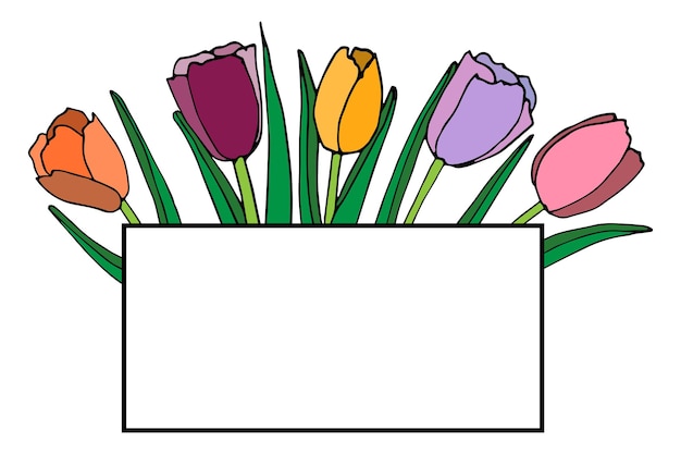 Vector ramo de flores de tulipán boceto dibujo tarjeta de felicitación vectorial color brillante con contorno negro