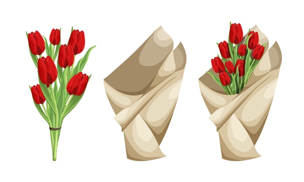 Ramo de flores de tulipanes rojos envueltos en papel. Composición floral.