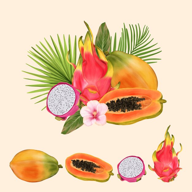 Ramo de frutas tropicales con pitaya y papaya