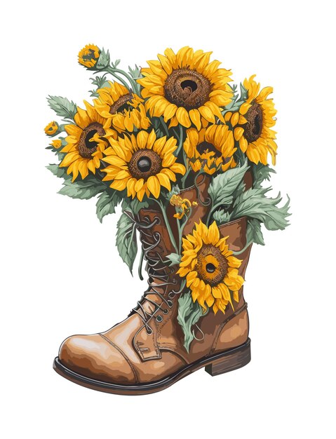 Ramo de girasol en una bota de cuero ilustración vectorial aislado sobre fondo blanco