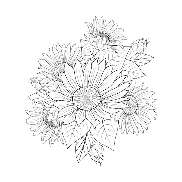 Ramo de girasol dibujo a lápiz dibujado a mano de aislado sobre fondo  blanco para colorear página adulto. | Vector Premium