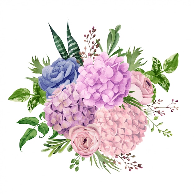 Vector ramo de hortensias rosa exuberante, vista superior, dibujado a mano