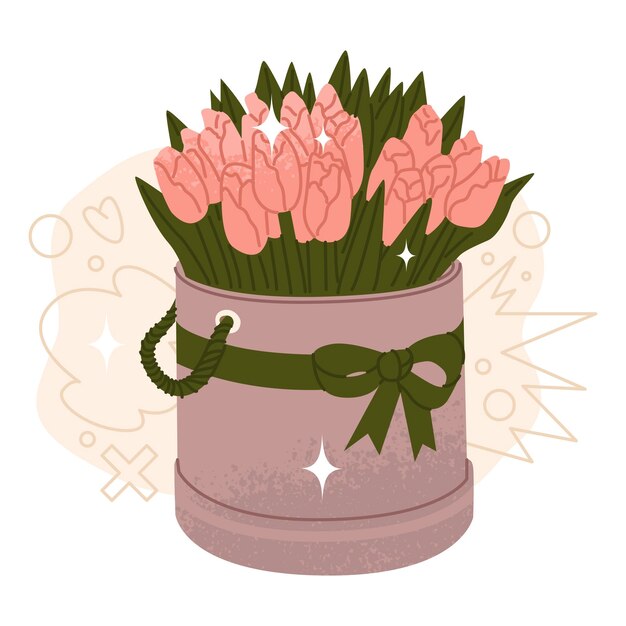 Un ramo de iris empaquetado en una caja redonda Una tienda de entrega de flores para un cliente Flores como regalo para las vacaciones Ilustración vectorial aislada sobre un fondo transparente