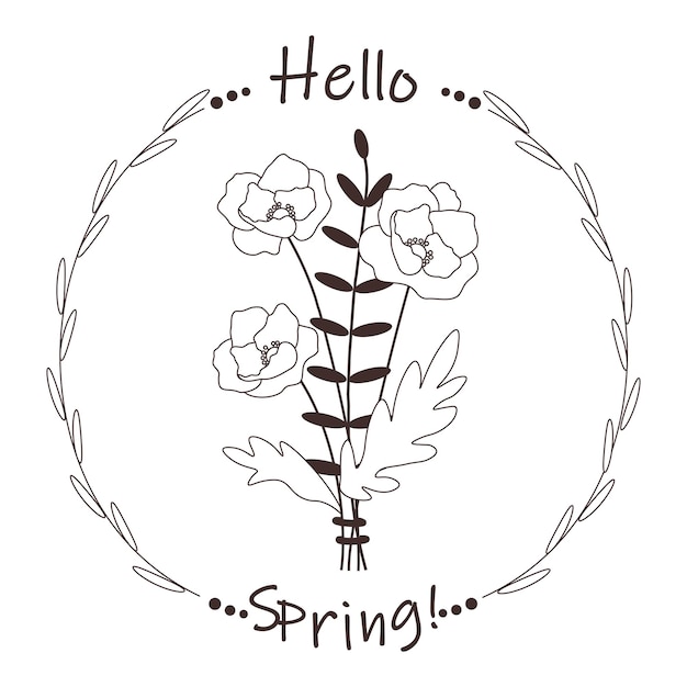 Ramo de línea con amapolas y texto hola primavera icono de logotipo de doodle de plantilla cuadrada con hojas de flores