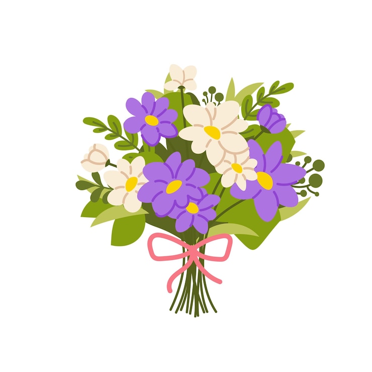 Vector ramo de margaritas crisantemos margaritas blancas y púrpuras sobre fondo blanco flores para la madre mujer