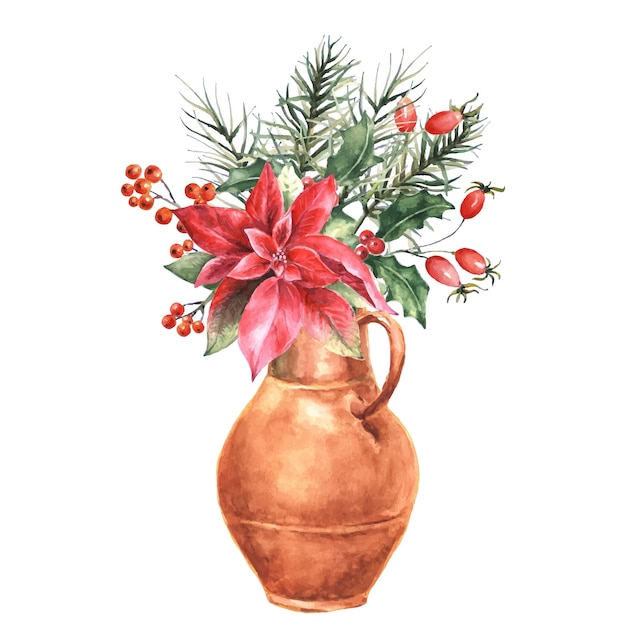 Ramo de Navidad en acuarela con Poinsettia en un jarrón