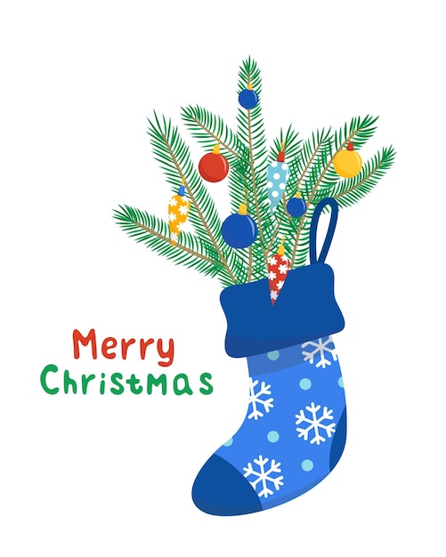 Ramo de navidad con ramas de abeto con adornos en calcetín Calcetín azul Tarjeta de feliz navidad