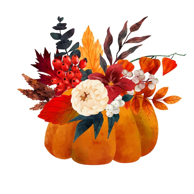 Ramo de otoño en florero de calabaza dibujado a mano vector