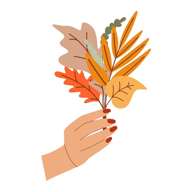 Ramo de otoño de hierbas y hojas en la mano de la mujer composición de estado de ánimo otoñal de amarillo y naranja secos