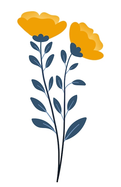 Ramo de plantas y flores amarillas en estilo plano sobre fondo blanco Flores y hierbas de prado Hojas y tulipanes Ilustración vectorial