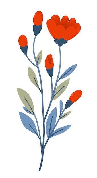 Ramo de plantas y flores rojas en estilo plano sobre fondo blanco Flores y hierbas de prado Hojas y amapolas Ilustración vectorial