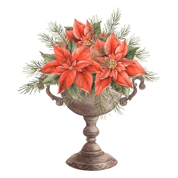 Un ramo de poinsettias rojas en un jarrón de cobre con ramas de abeto Navidad Año Nuevo vacaciones 2025