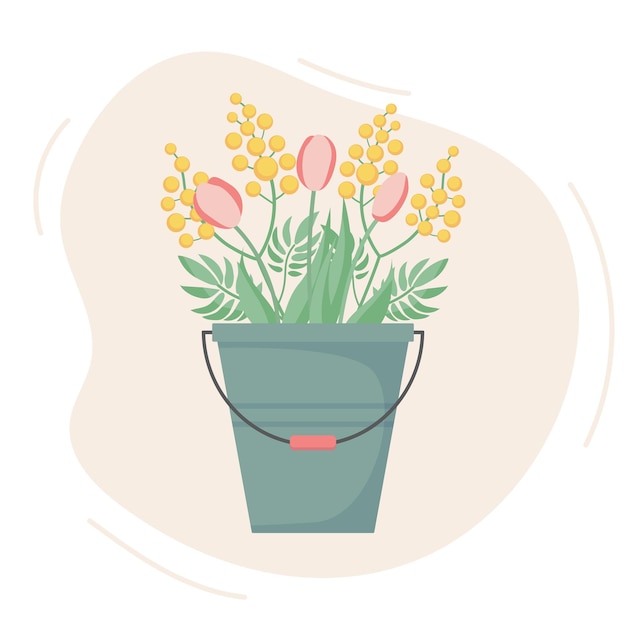 Ramo primaveral de mimosas y tulipanes en un balde Ilustración de vector lindo Estilo plano