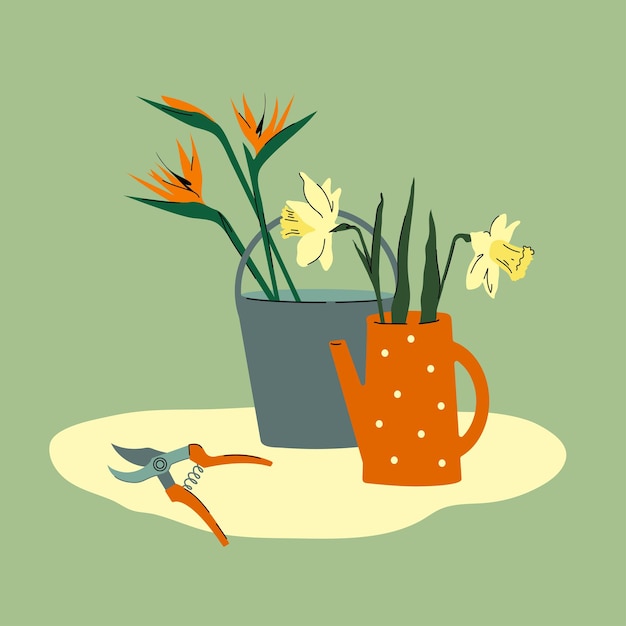 Ramo en regadera. Strelitzia y flores de narciso.