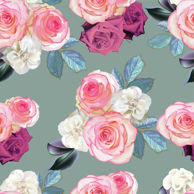 Ramo de rosas color rosa y begonia flor de patrones sin fisuras