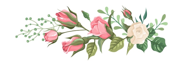 Ramo de rosas Elegante composición de rosas rosadas y blancas con hojas verdes Bonita decoración de flores y vegetación Decoración botánica para bodas floreciente planta rama vector aislado borde floral