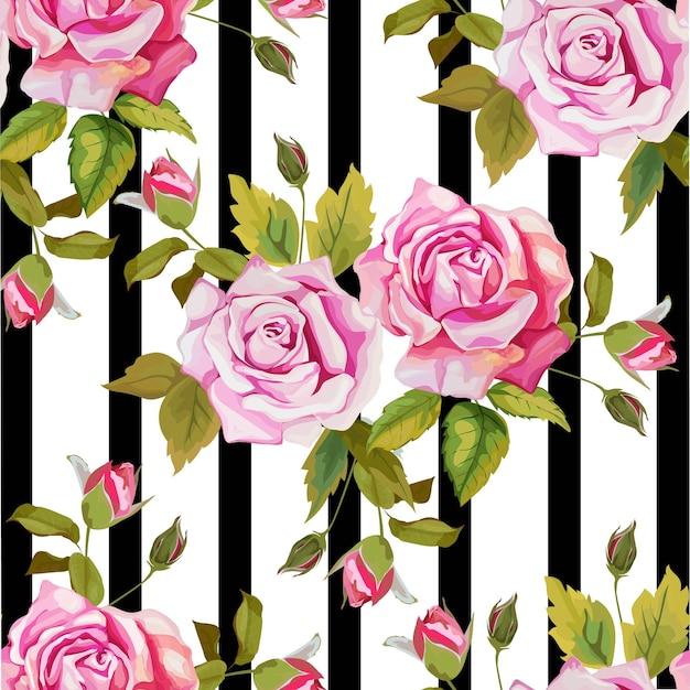 Ramo de rosas en flor en rayas de color blanco y negro de patrones sin fisuras