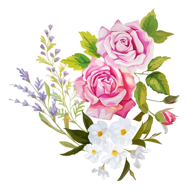 Ramo de rosas y flores silvestres aislado sobre fondo blanco.