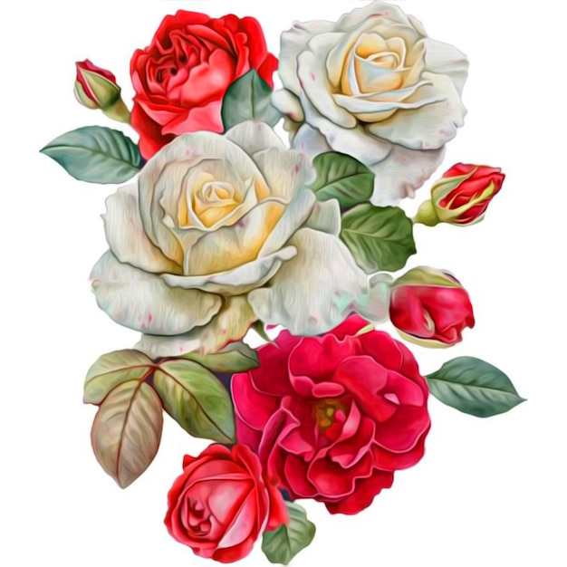 Un ramo de rosas con hojas y capullos.