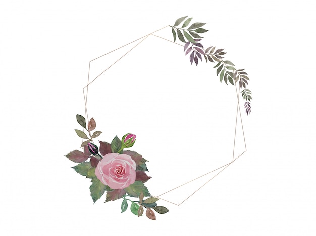 Vector ramo de rosas rosadas y hojas de pintura de acuarela con doble marco de alambre hexagonal dorado