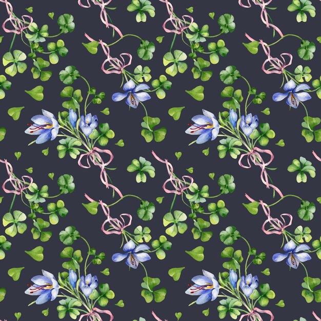 Ramo de trébol y crocús con cinta acuarela patrón sin costuras aislado en azul pintado de trébol verde símbolo de la suerte dibujado a mano elemento de diseño para el día de San Patricio estandarte papel tapiz textil