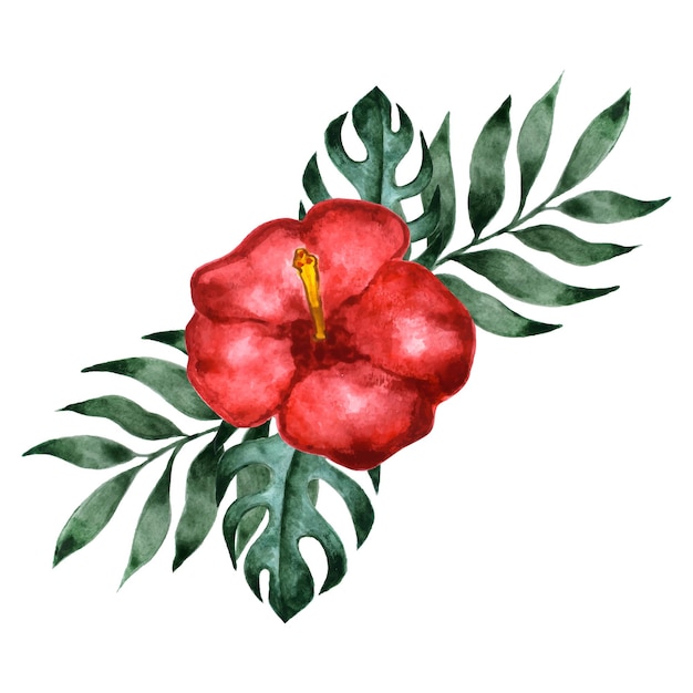 Ramo tropical de acuarela vectorial con flor de hibisco rojo y hojas de palma Composición exótica de hawaii impresión aloha