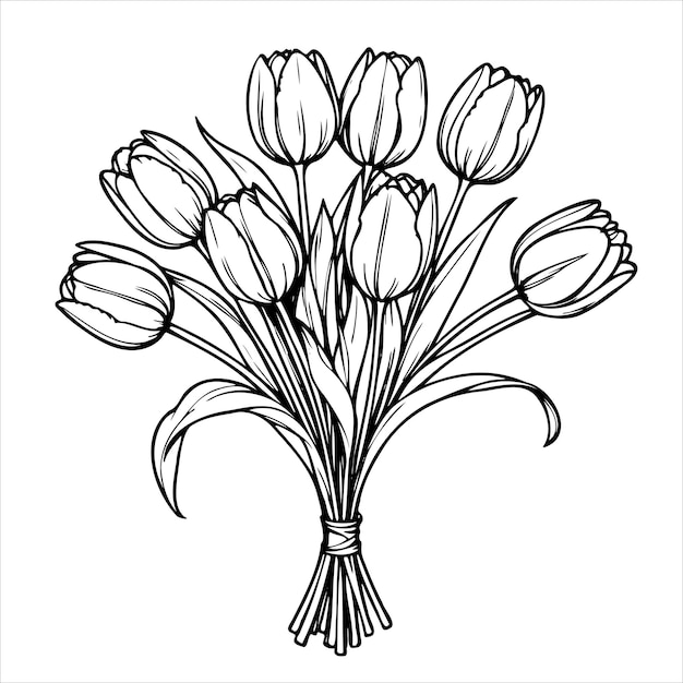 Un ramo de tulipanes está dibujado en blanco y negro