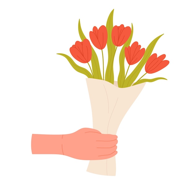 El ramo de tulipanes en la mano
