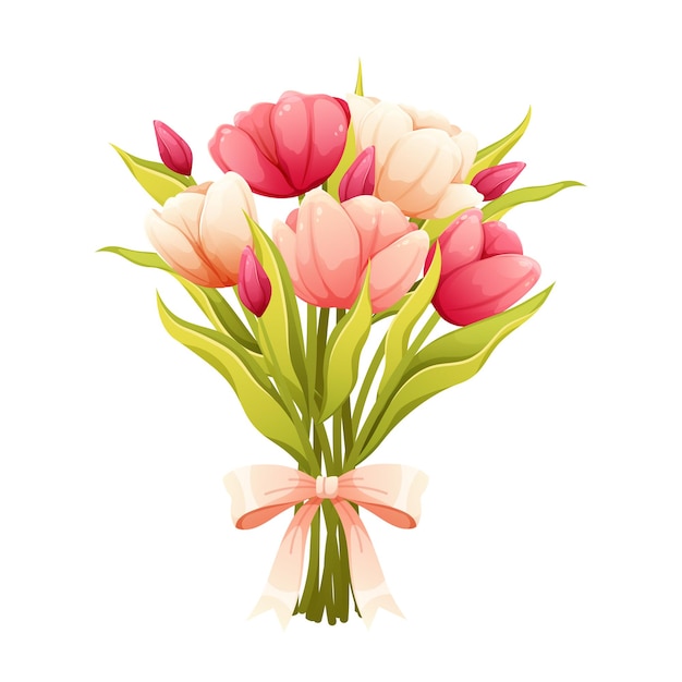 Ramo de tulipanes de primavera tulipanes dibujados a mano en racimo con arco regalo para el vector del Día de la Mujer