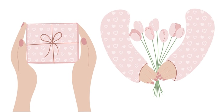 Vector ramo de tulipanes rosados y un regalo en manos femeninas elementos vectoriales decorativos para tarjetas de felicitación