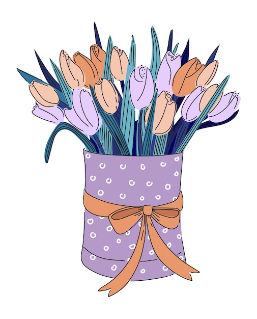 Ramo de tulipanes en una sombrerera en estilo garabato