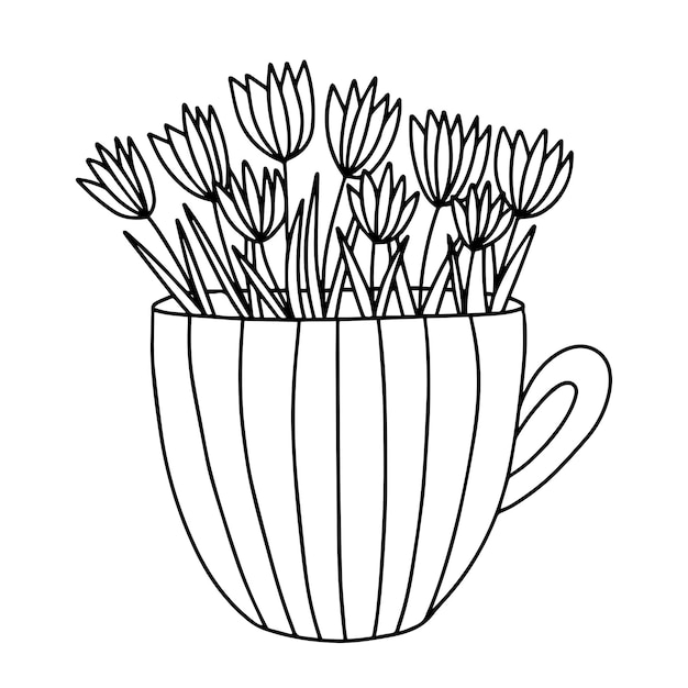 El ramo de tulipanes en el vector de la taza página de colorear
