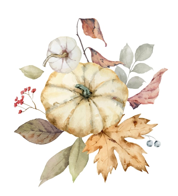 Un ramo de vectores de acuarela para el Día de Acción de Gracias un arreglo de saludo con calabazas coloridas