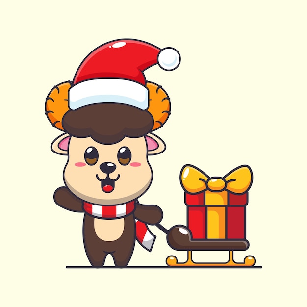 Vector un ramón lindo llevando una caja de regalos de navidad una ilustración de un personaje de dibujos animados de navidad