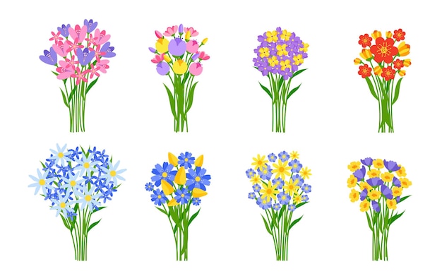 Ramos de flores frescas establecen racimos de primavera de colores en tulipanes de flores silvestres de estilo de dibujos animados planos o margaritas