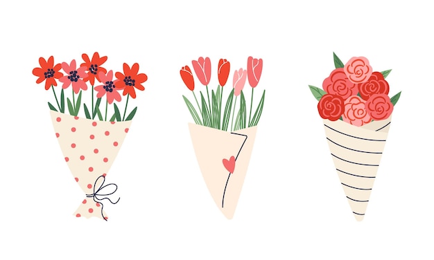 Ramos de flores Ramos de flores de jardín, tulipanes y rosas Vector conjunto de decoración floral